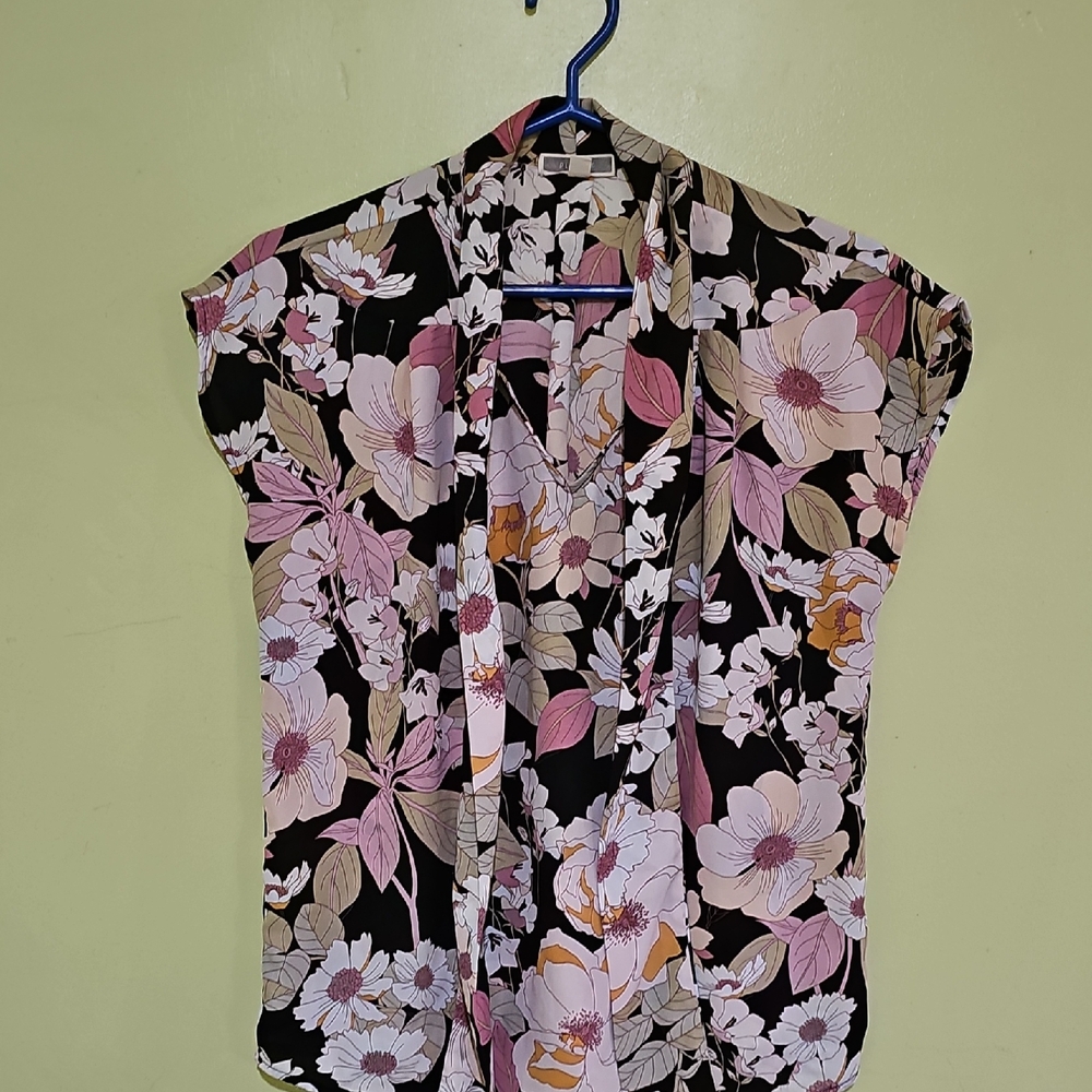 Pleione Black and Pink Cap Sleeve Tie Front Blouse